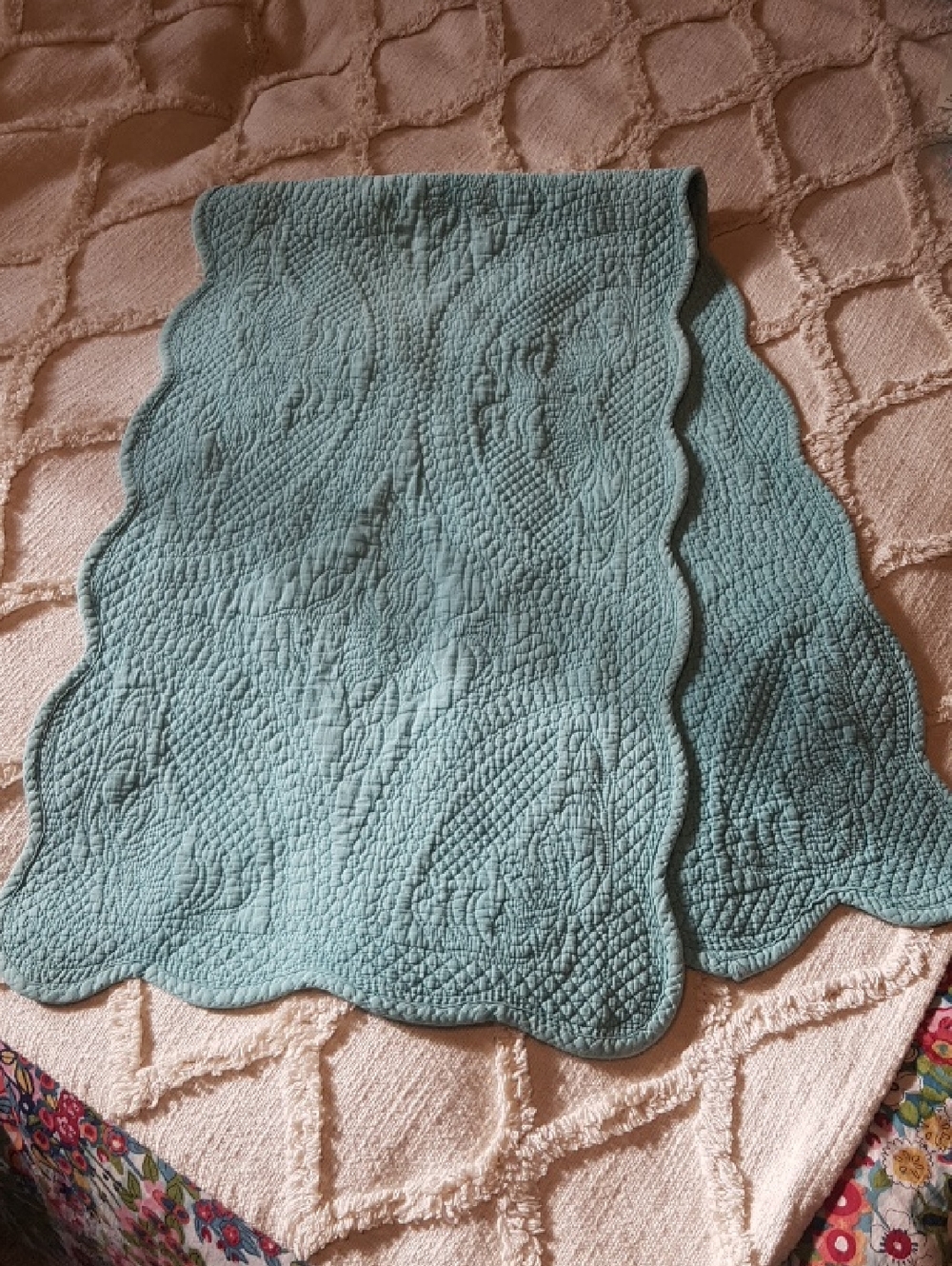 Vintage Light Teal Green Scalloped Quilted Table Runner